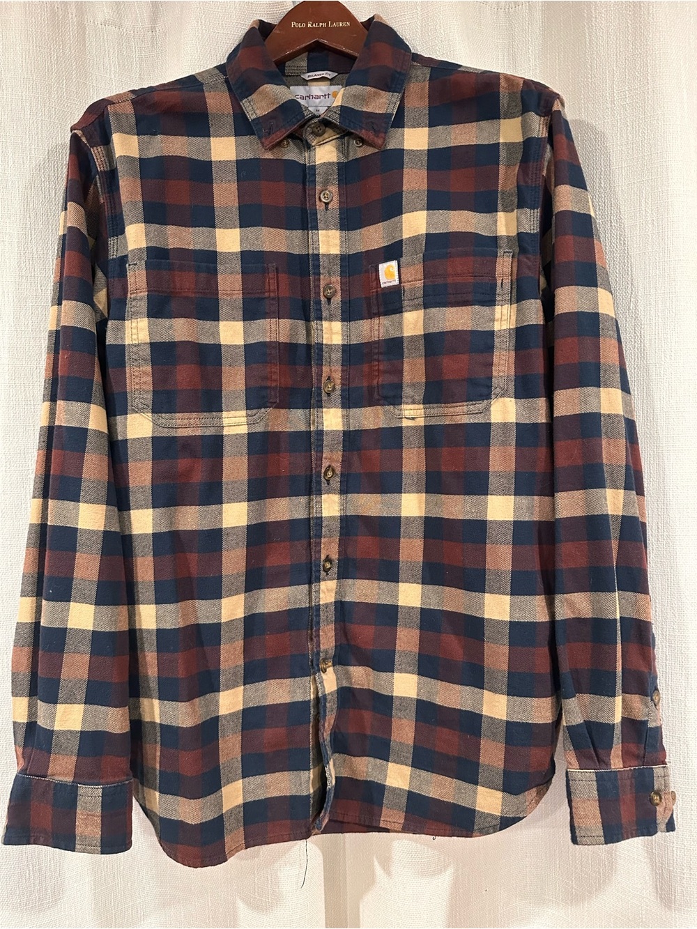 Carhartt Men's Plaid Button-Down Shirt - Navy, Rust, Cream